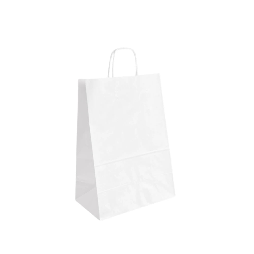 Bolsa de papel Kraft blanco con manija trenzada | 25cm x 13cm x 33cm