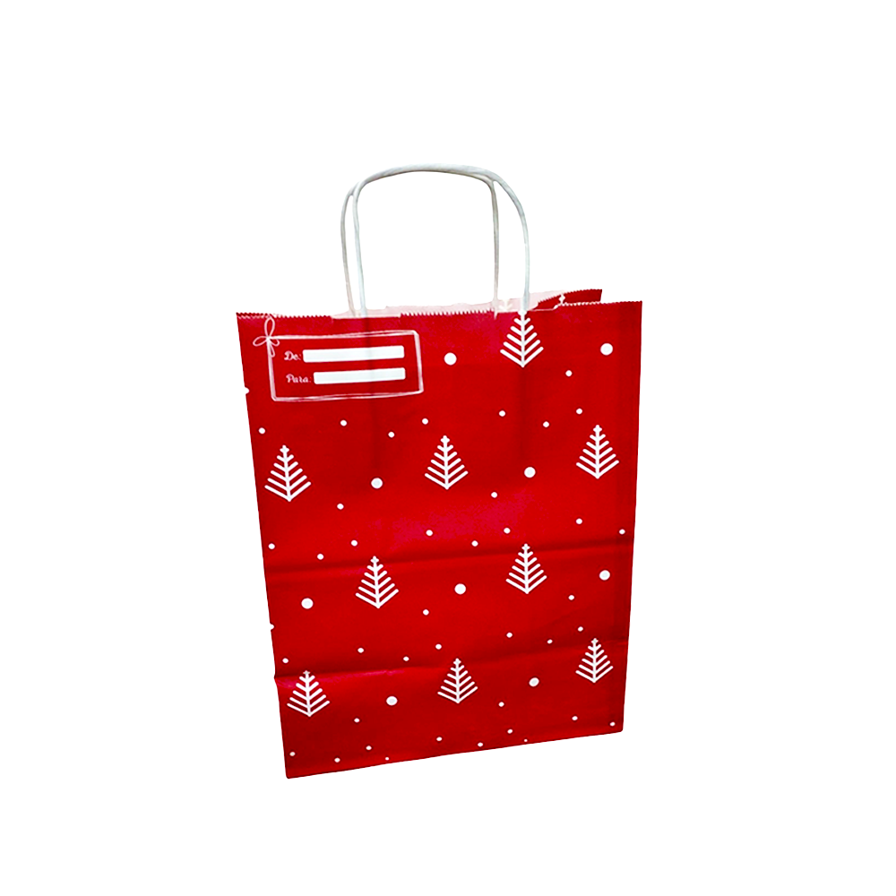 Bolsa kraft con manija 20cm x12cm x25cm / Navidad Roja x 25 Uds
