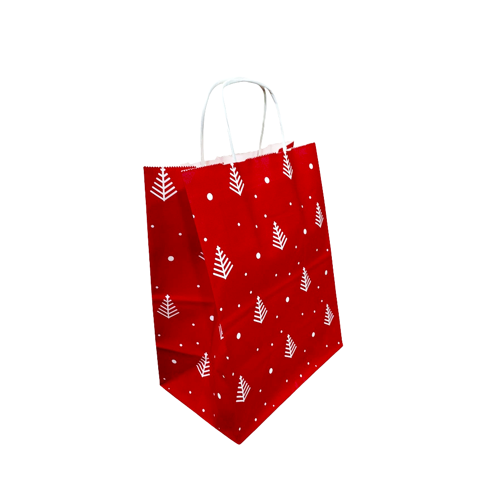 Bolsa kraft con manija 20cm x12cm x25cm / Navidad Roja x 25 Uds