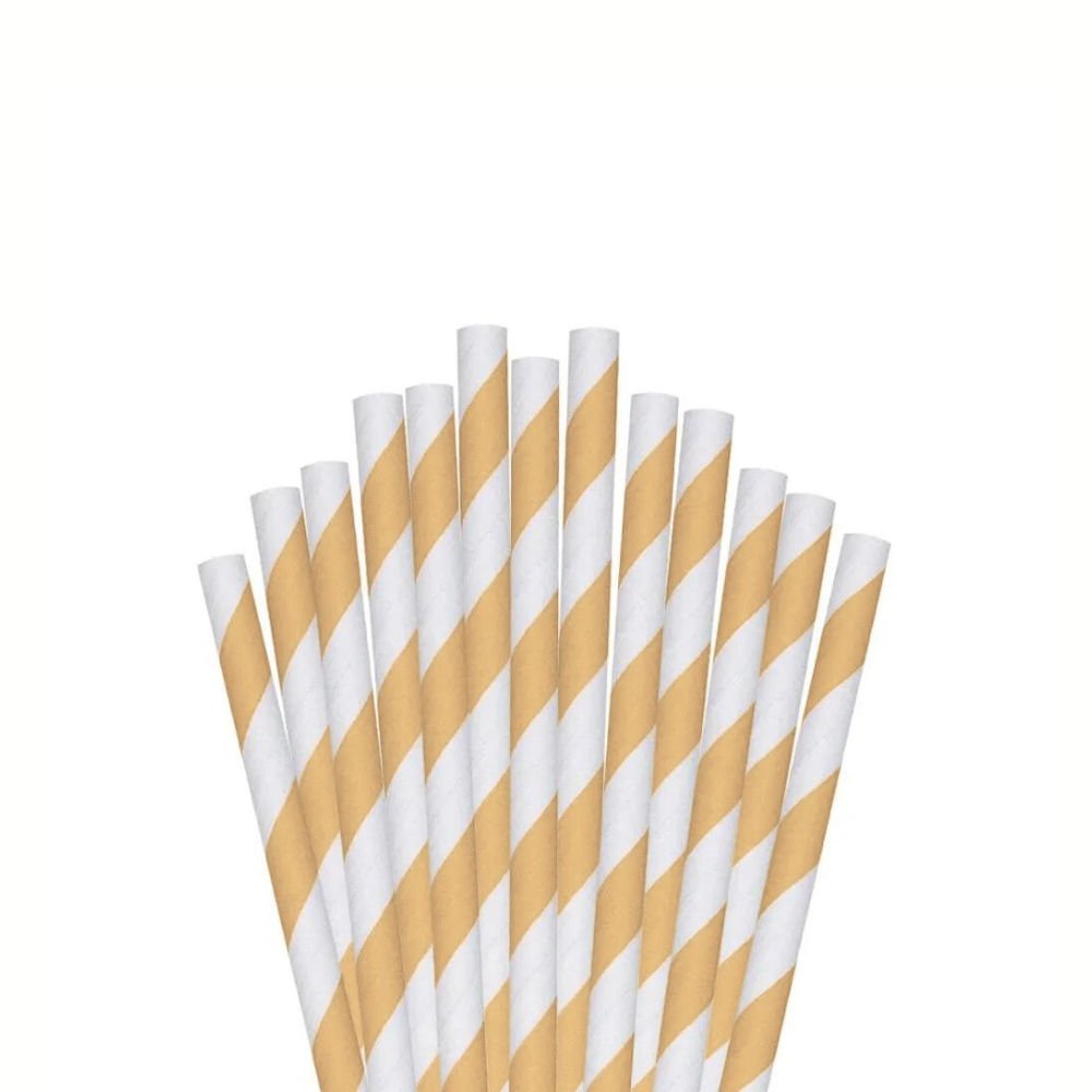 Pitillo de papel 3 capas con envoltura - 20 cm de largo | Raya Dorado (Mate)